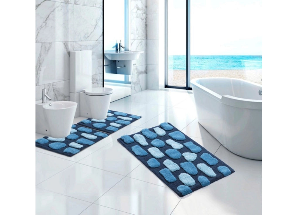 Tappeto Da Bagno Antiscivolo Disegno Stone Colore Azzurro - 65x130 - Azzurro