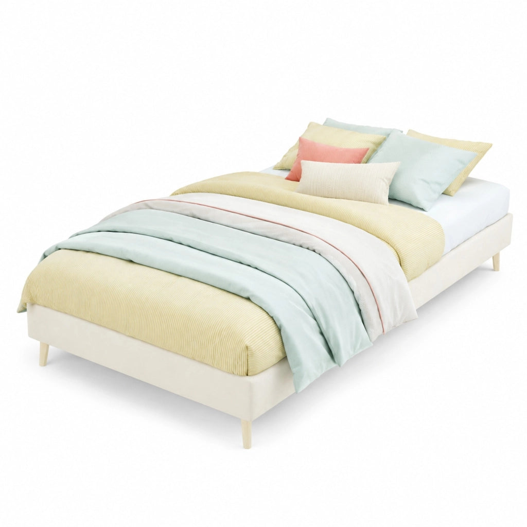 Letto singolo 90x200 cm in tessuto beige con struttura in metallo, stile moderno