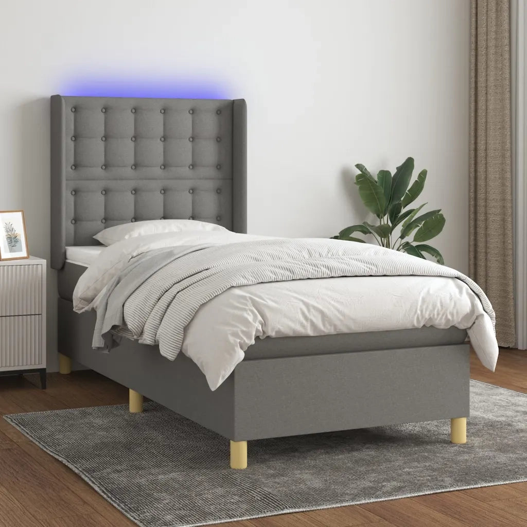 Letto a Molle Materasso e LED Grigio Scuro 100x200cm in Tessuto 3139174