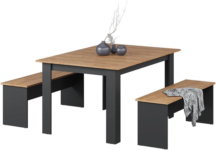 Set di tavoli da pranzo Sentio, Antracite/quercia dorata, 137.6 x 92.8 cm con 2 panche, per un utilizzo salvaspazio in sala da pranzo e cucina