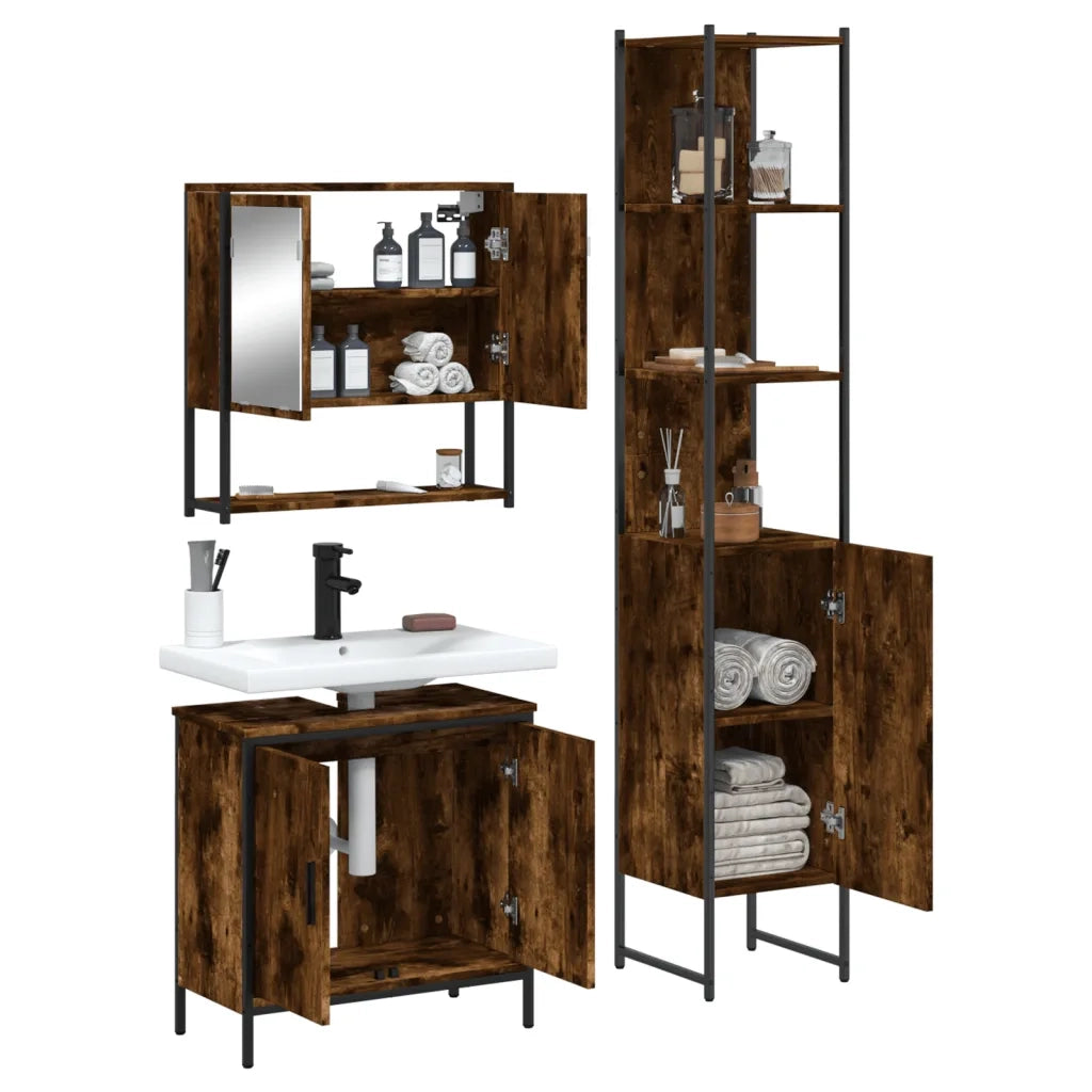 Set Mobili da Bagno 3 pz Rovere Fumo in Legno Multistrato 3214682