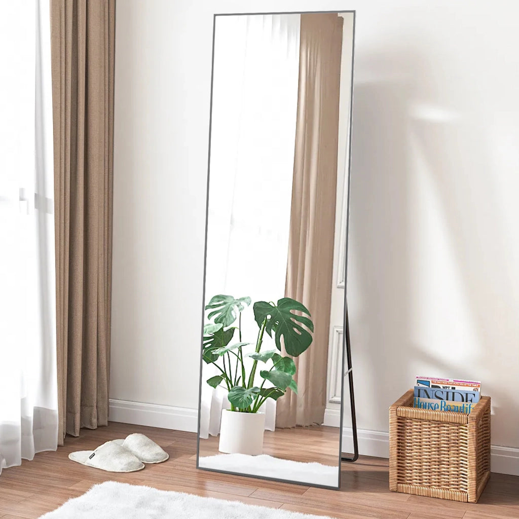 Specchio a figura intera, 162 x 52 cm, specchio autoportante con supporto, specchio quadrato a figura intera, nero, autoportante o inclinabile.