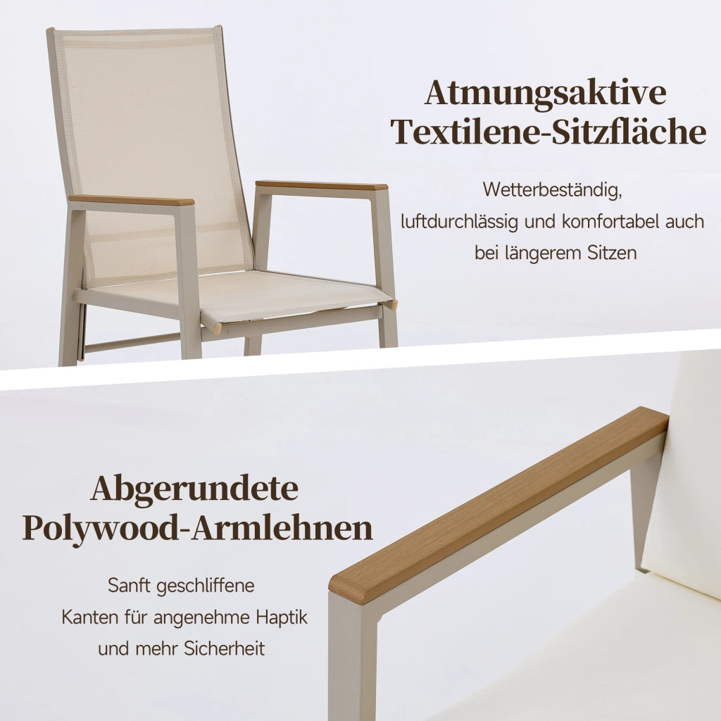 SEDIA DA ESTERNO con braccioli in legno plastico, seduta in textilene, beige