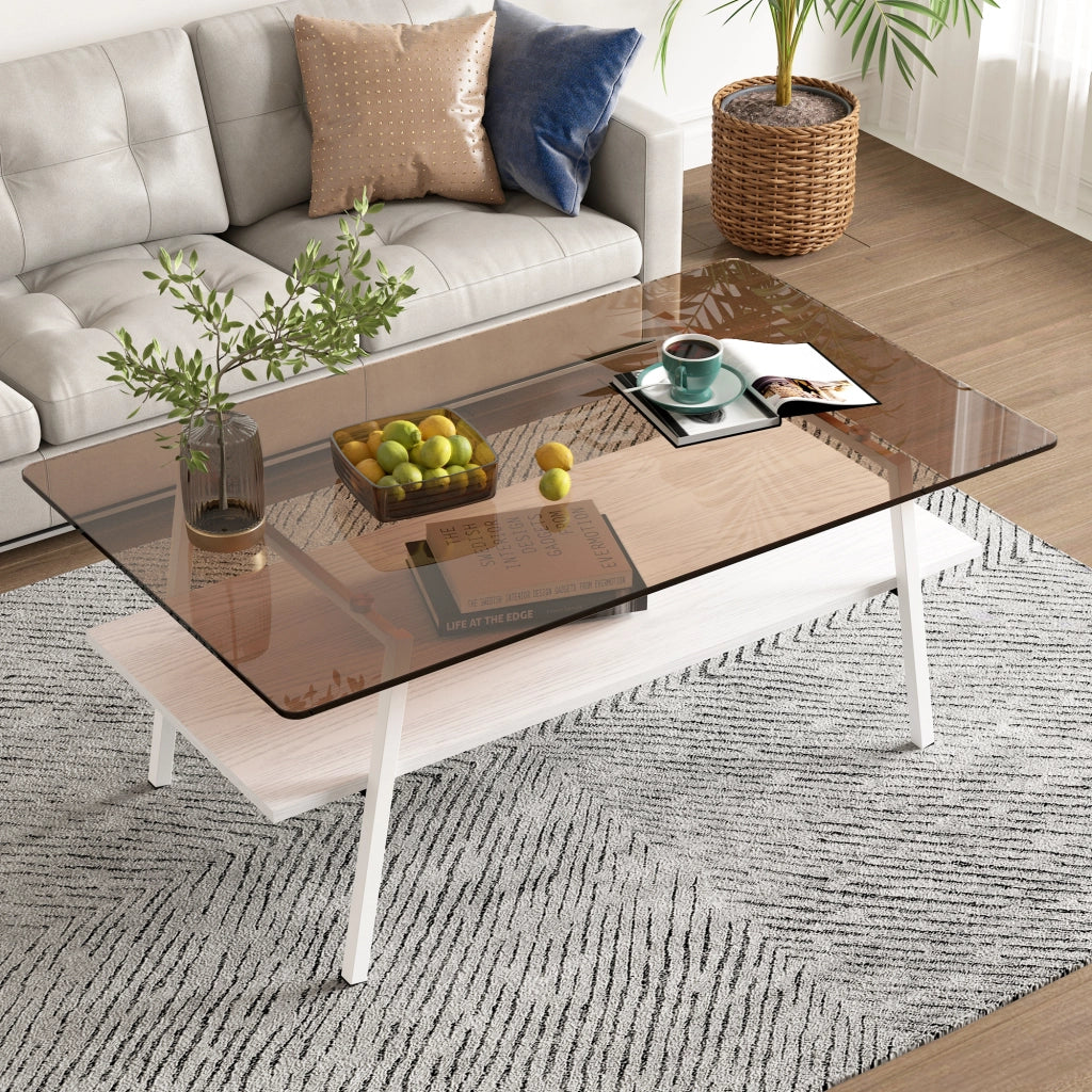 TAVOLINO DA SALOTTO Rettangolare in vetro temperato MDF Brown/Bianco