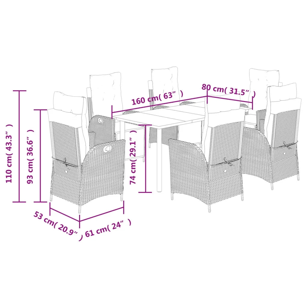 Set da Pranzo da Giardino 7pz con Cuscini in Polyrattan Marrone