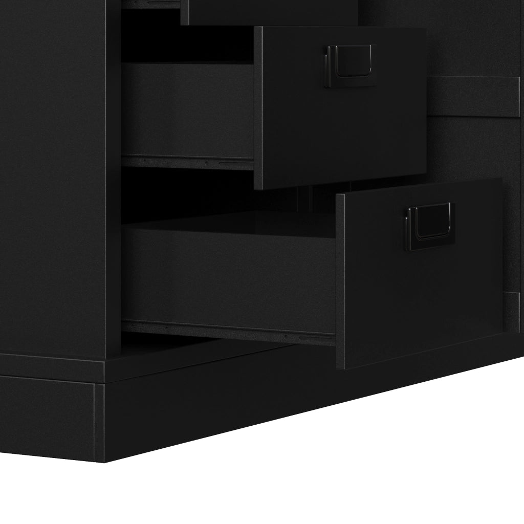 Dispensa alta con 6 cassetti, 6 vani e ante in vetro, per cucina e sala da pranzo, nero, 140 × 40 × 185 cm