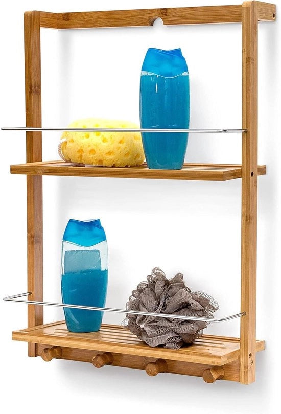 Doucherek a bambù con 2 piani Dimensioni: ca. 53 x 38 x 155 cm contenitore per flaconi con 4 ganci per asciugamani in legno naturale