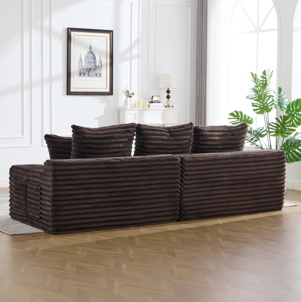 Divano letto 273 x 98 x 87 cm marrone, tasche e portabicchieri, tessuto a coste