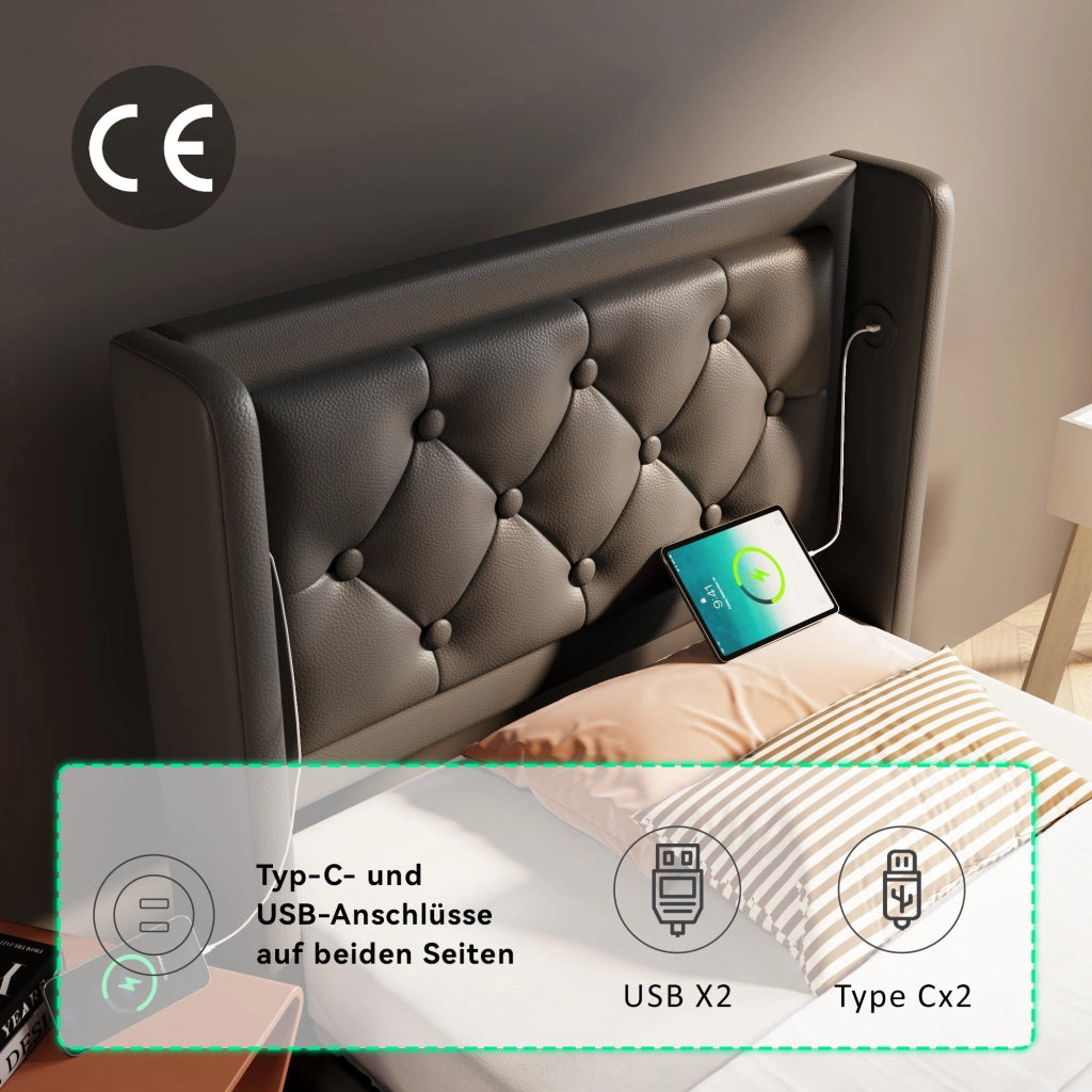 LETTO imbottito 90x200 cm in PU nero con USB Tipo C e LED