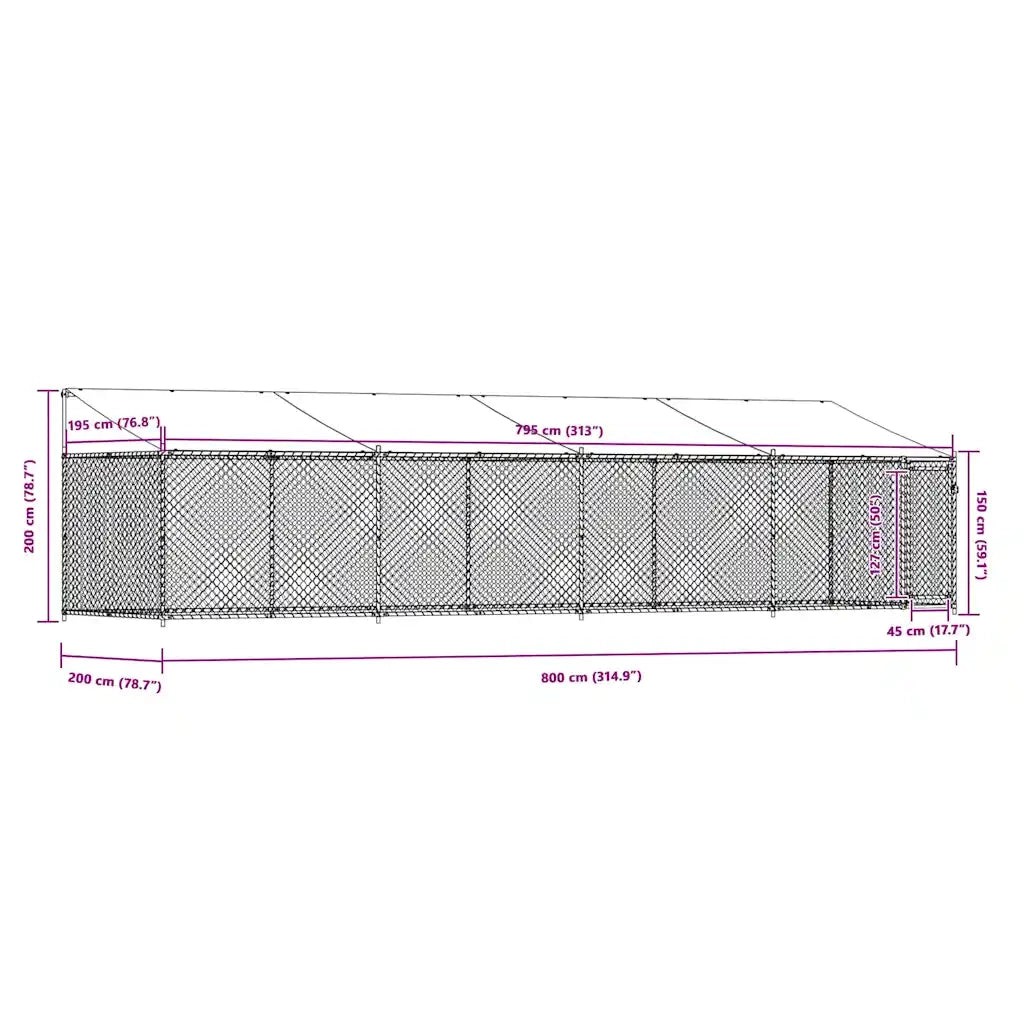 Gabbia Cani con Tetto e Porta Grigia 8x2x2 m in Acciaio Zincato 3209570