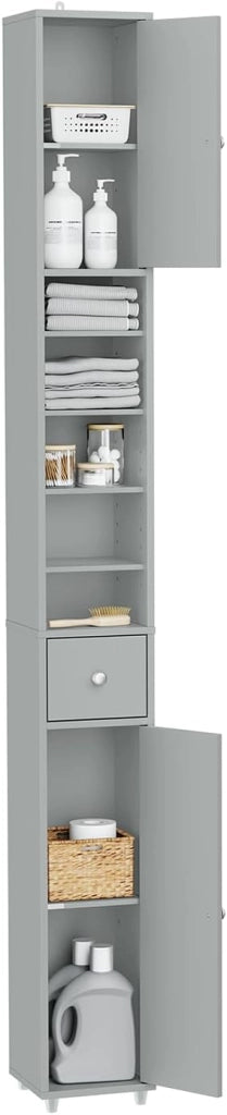 Mobile Bagno Alto e Stretto, Mobili Salvaspazio Mobiletto a Colonna da Terra con Ripiani Regolabili e Cassetto Armadietto per Bagno e Lavanderia 20×20×180 cm BZR34-WN