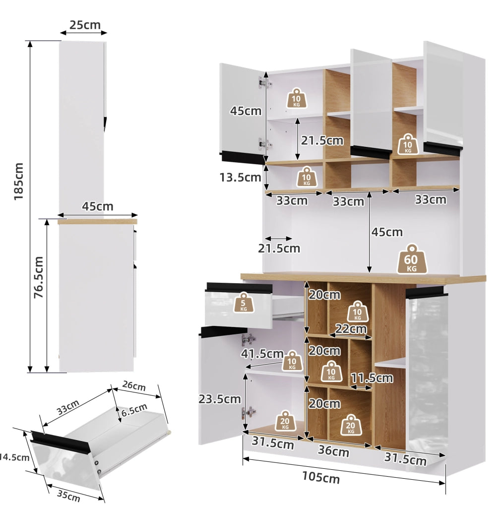 Mobile buffet moderno bianco lucido in MDF con ripiani e cassetto