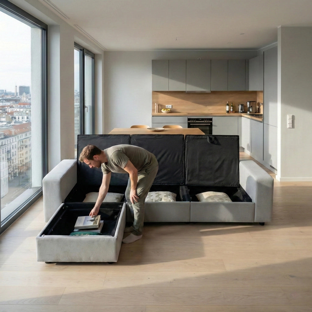 Divano angolare con 4 vani contenitori e chaise longue reversibile in poliestere grigio chiaro 245,5 cm