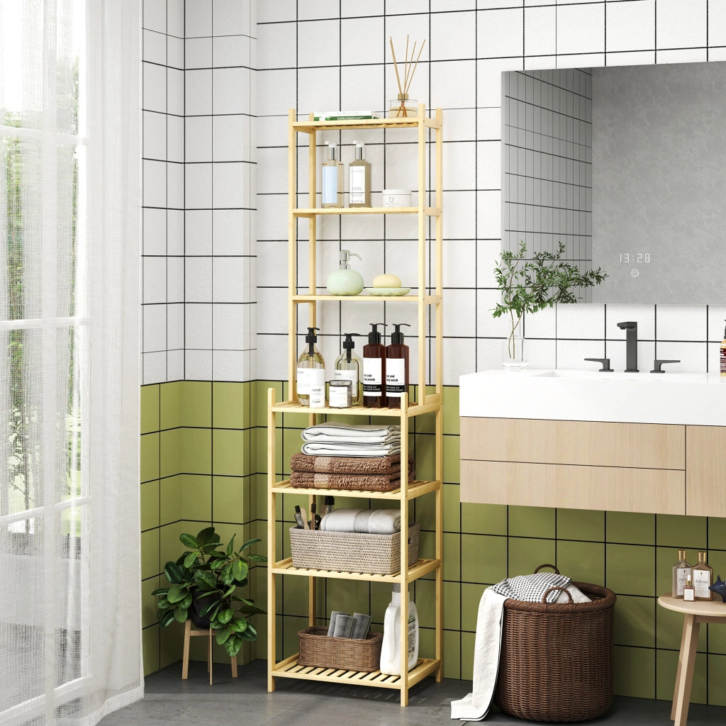 Mobile Scaffale Bagno a 7 Ripiani Portaoggetti in Bamb¨´, 44x33x180 cm, Color Legno