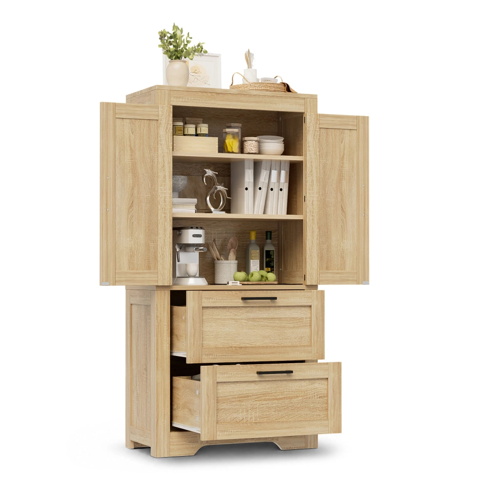 Credenza alta in stile rustico con 2 cassetti, ripiani regolabili e struttura in MDF, colore naturale
