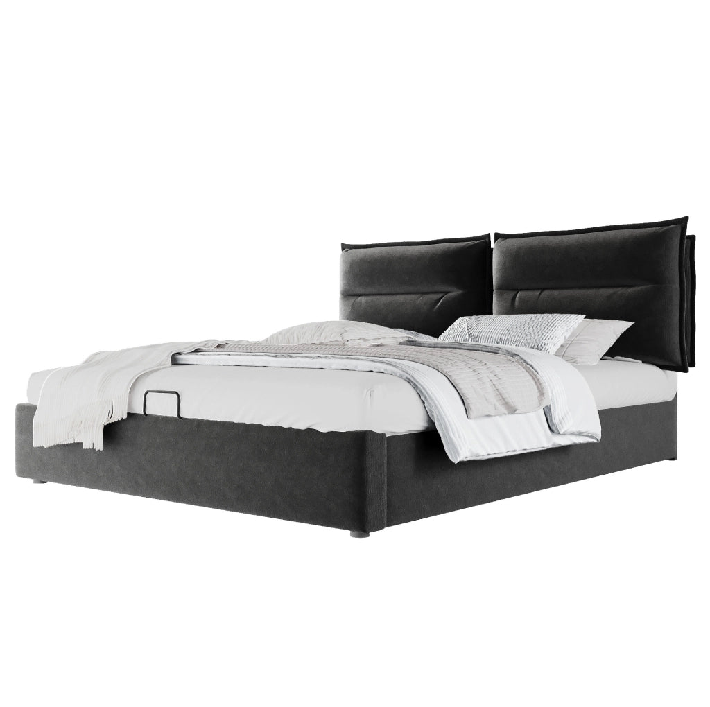 Letto matrimoniale imbottito 140x200 cm in velluto nero con testiera regolabile e contenitore