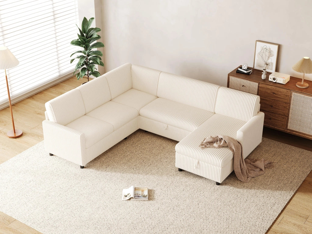 Divano a U con letto estraibile e vano contenitore in tessuto a coste beige 274 × 220 × 85 cm