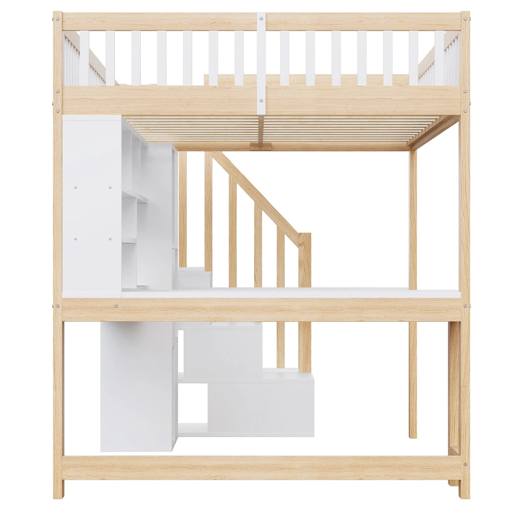 Letto a soppalco 140x200 cm con LED; scala contenitore; scrivania e ripiani bianco/naturale