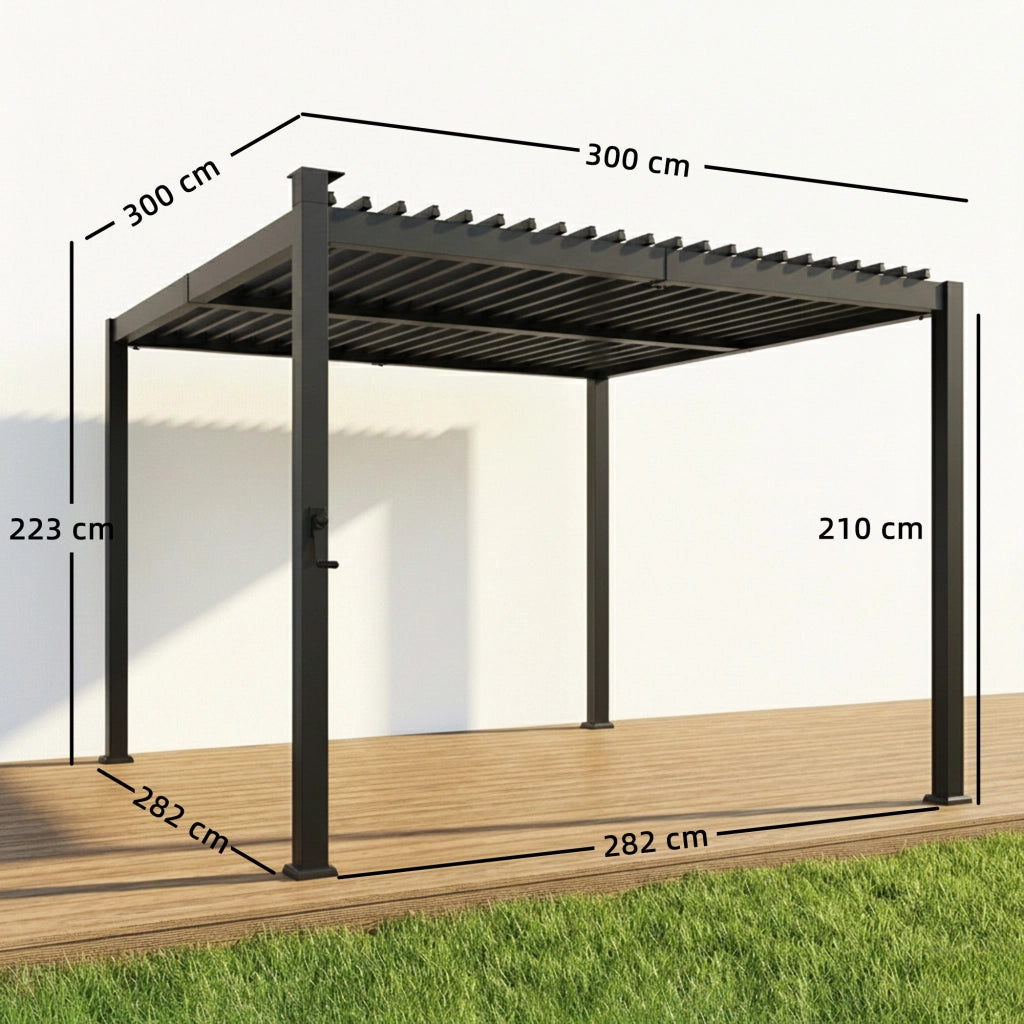 Pergola bioclimatica 3x3m con luci LED solari e grondaie ¨C zephmum ¨C nero