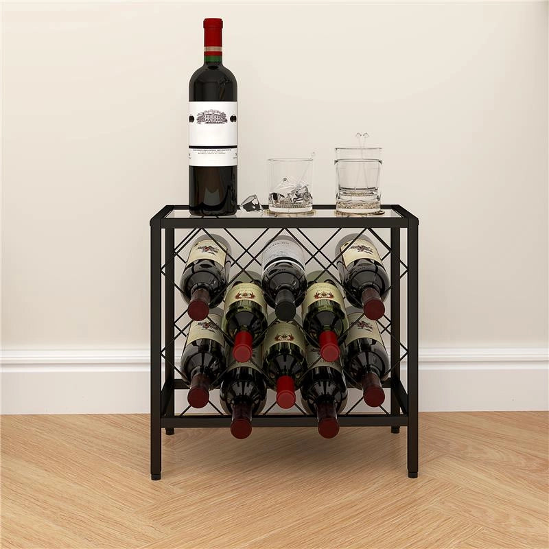 PORTABOTTIGLIE VINI PER 10 BOTTIGLIE IN ACCIAIO NERO CON PIANO D'APPOGGIO IN VETRO TEMPERATO 41X22X41 CM