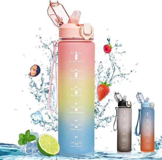 Bottiglia Sportiva 1 Litro - Con Marcature Orarie - Metodo Drink Riette - Imboccatura Chiusa - Libera da BPA - Bottiglia Sportiva - Rosa - Ideale per Fitness, Yoga, Ciclismo
