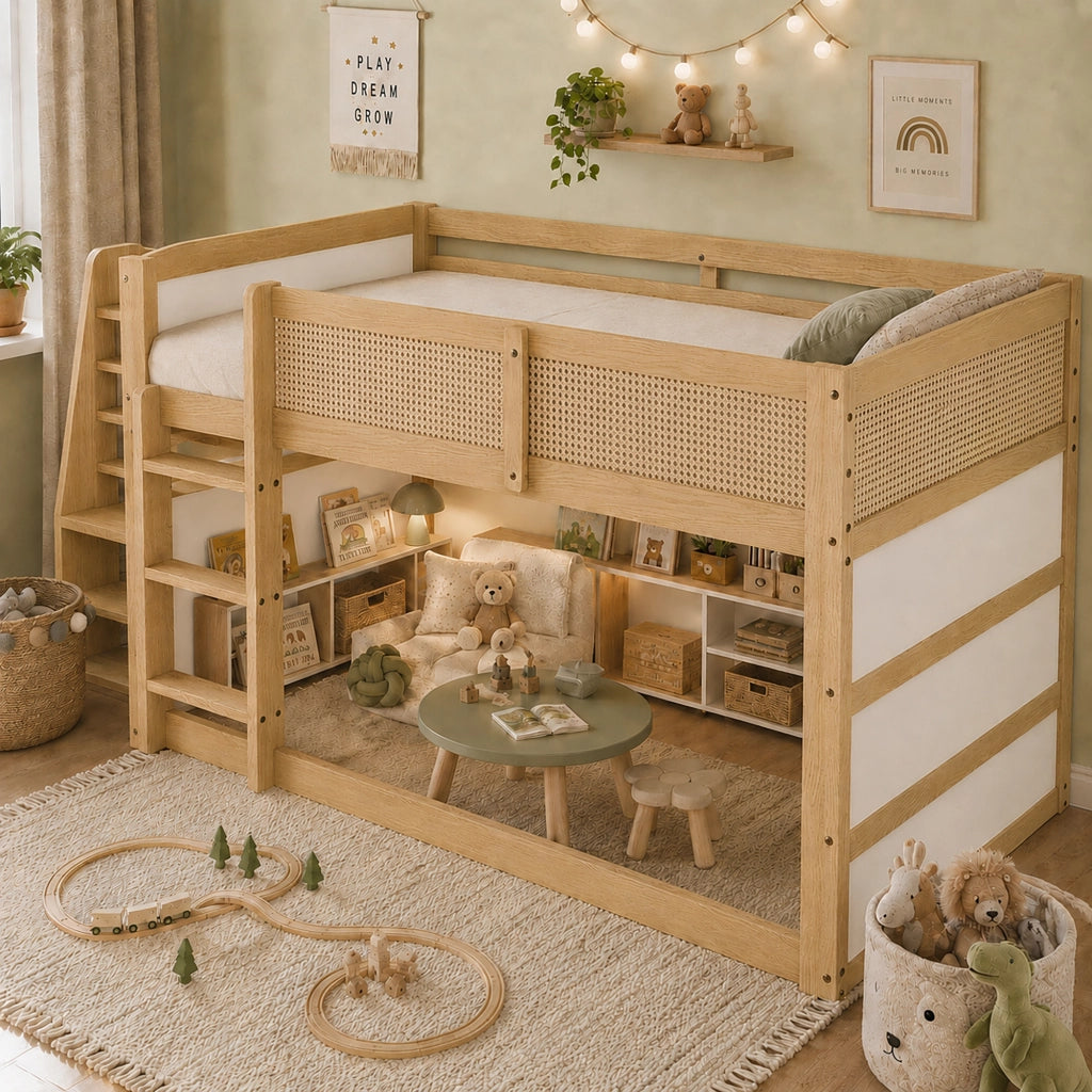 LETTO a soppalco 90x200 cm Legno Naturale/Bianco con scala a 3 gradini