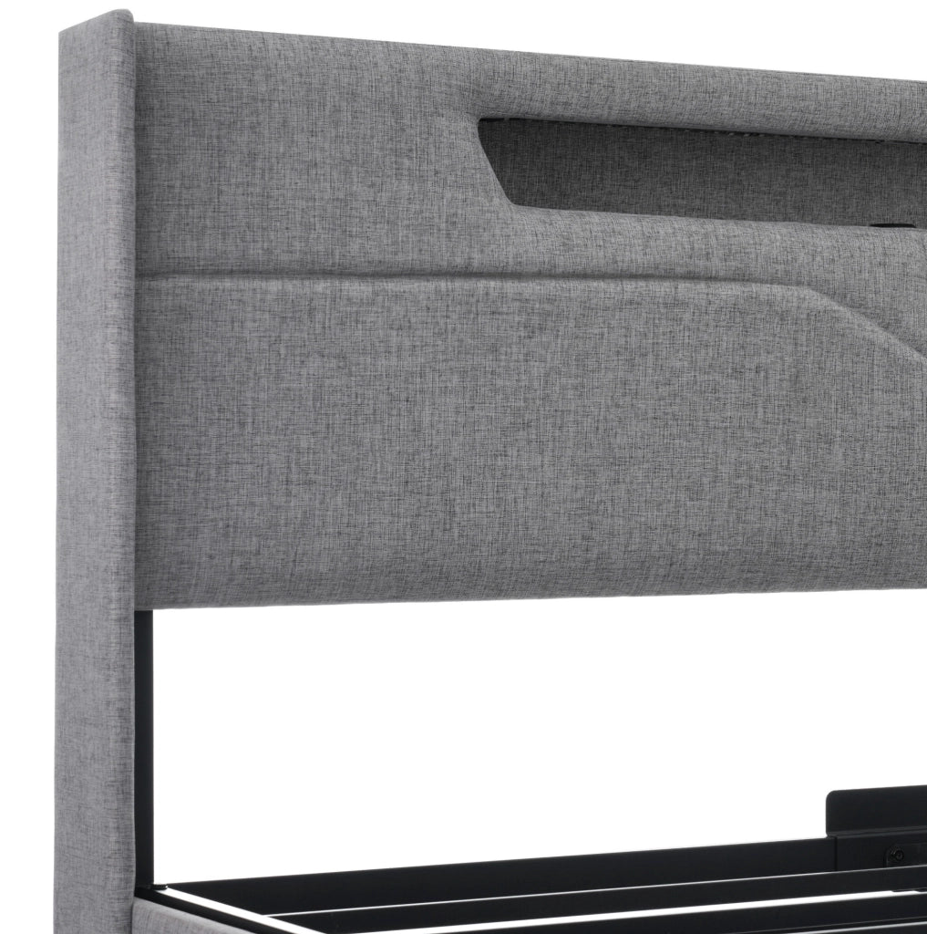Letto matrimoniale 140x200 cm con contenitore; LED; USB e Type-C; in lino grigio