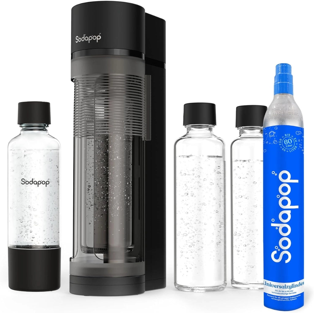 Aeratore Logan Starter Set con cilindro CO₂, con 2 bottiglie di vetro (850 & 600 ml) e 1 bottiglia in PET (850 ml), colore nero opaco, altezza 42,6 cm