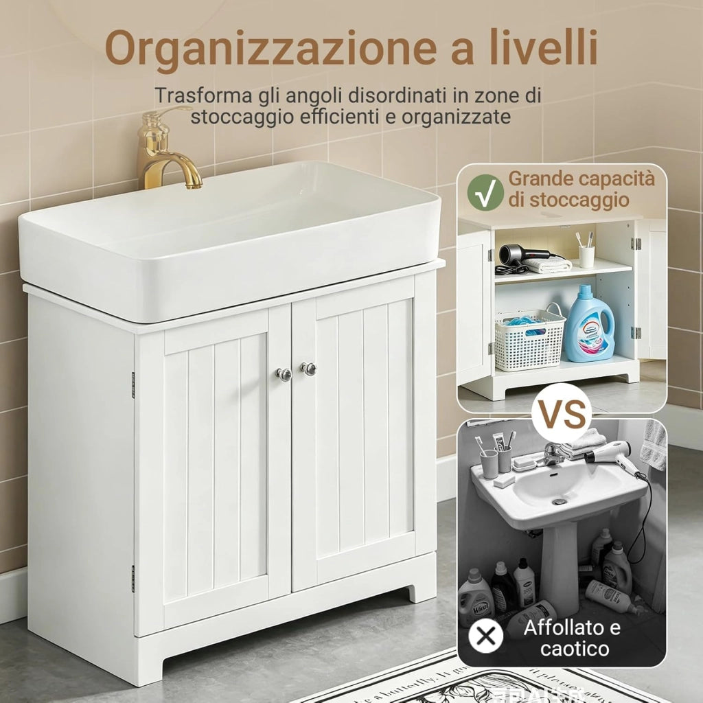 Mobile Bagno Sottolavabo – Mobiletto Bagno Salvaspazio con Ante e Ripiano Regolabile – Mobile sotto Lavabo da Bagno in MDF, Bianco, 60x60x29cm, BZR18-W