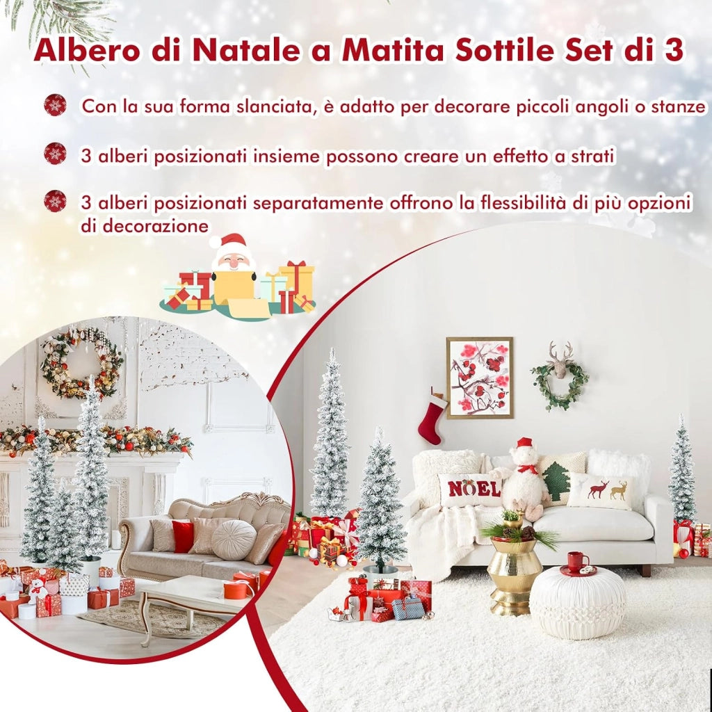 Set di 3 Alberi di Natale Artificiali da 90 CM + 120 CM + 150 CM | Alberi di Natale Slim Innevati con 120 + 140 + 160 Punte di Rami e Barili di Metallo Riempiti di Cemento