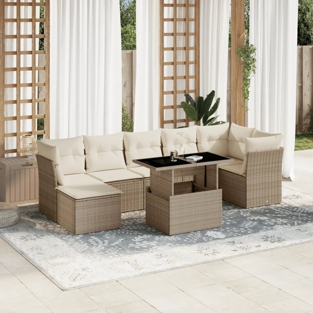 Set Divano da Giardino 8 pz con Cuscini Beige in Polyrattan