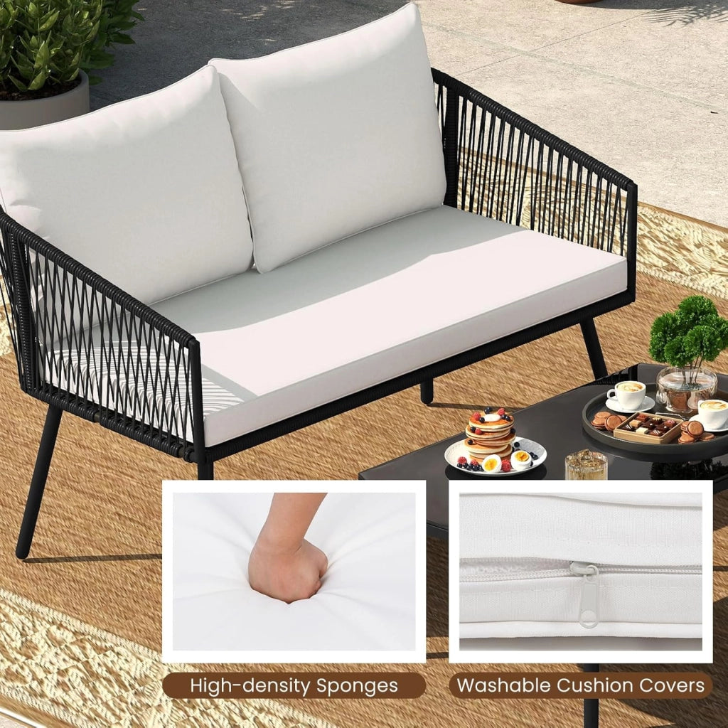 Set di mobili da giardino 4 pezzi, 1 divano, 2 poltrone e 1 tavolino da salotto con cuscini, tavolo con piano in vetro temperato, set di conversazione per patio, balcone