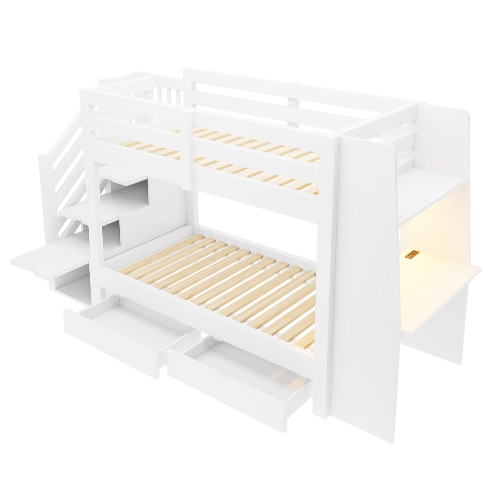 Letto a soppalco per bambini 90x200 cm in legno; con scrivania; LED e cassetti; bianco