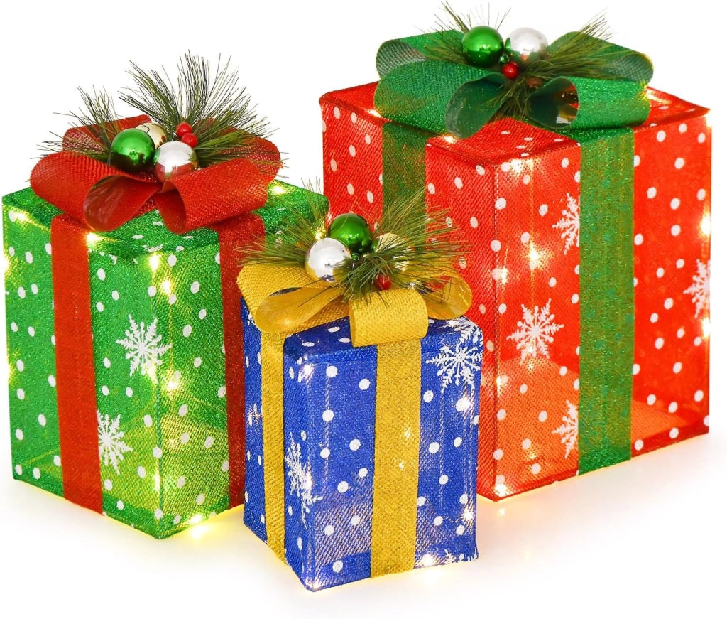 Decorazioni Scatola Regalo di Natale, Set di Scatole Regalo Illuminate, Decorazione Natalizia per Interni ed Esterni con 52 Luci LED per Esterno (Rosso+Verde+Blu)