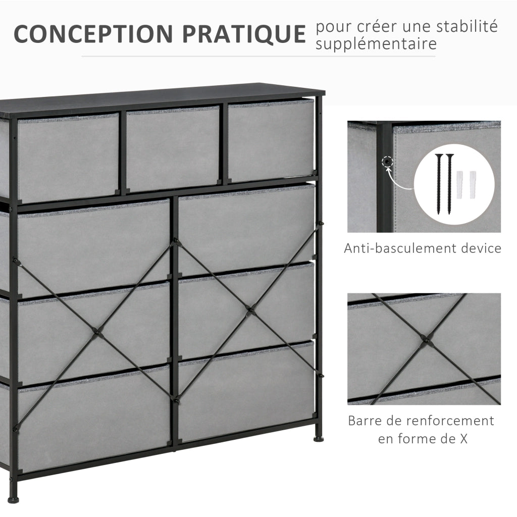 Cassettiera a 9 cassetti in tessuto ¨C zephmum ¨C nero e grigio 100x30x100 cm