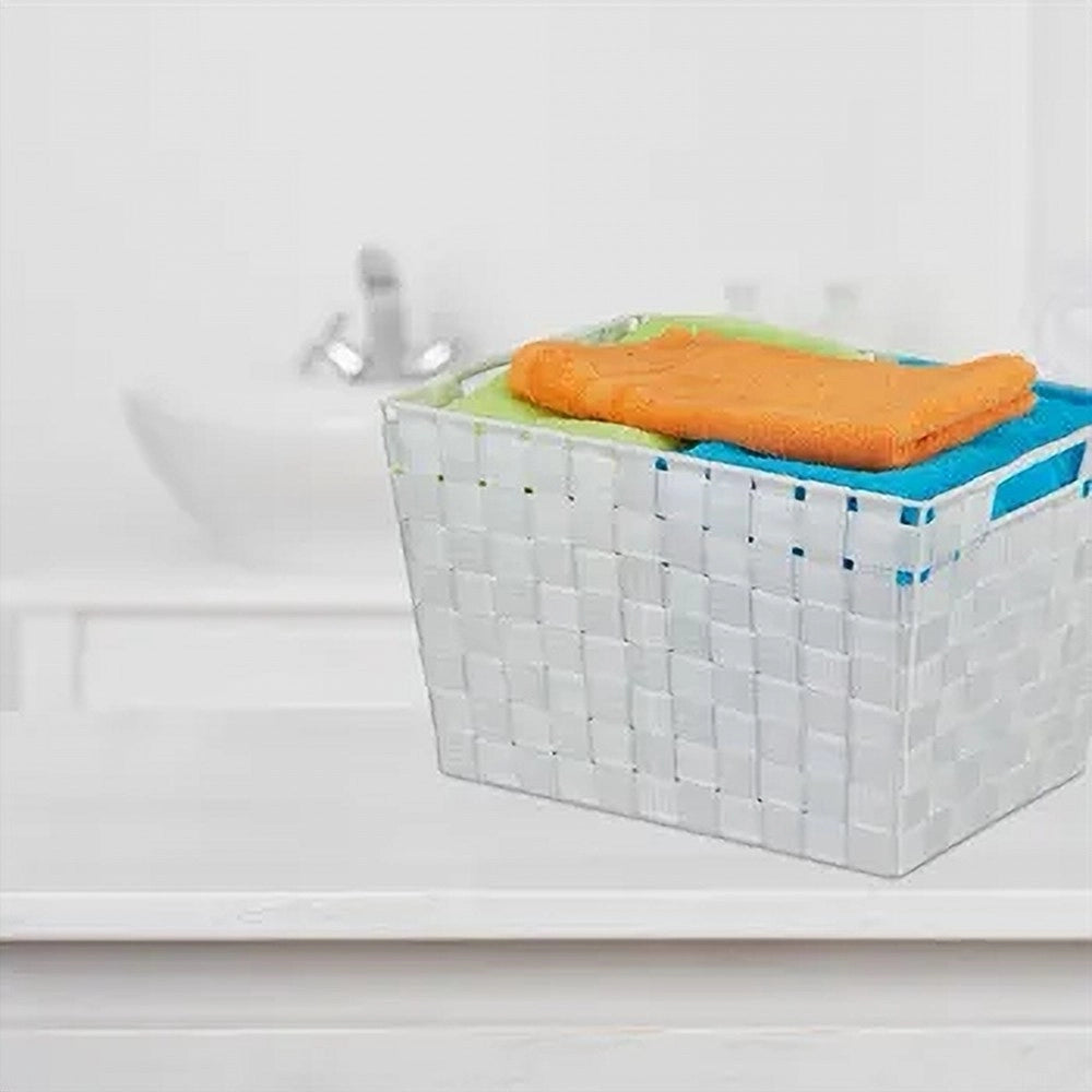 Trade Shop - Porta Oggetti Cesto In Tessuto Intrecciato 38x26x25 Cm Con Maniglie Bianco 79037 -