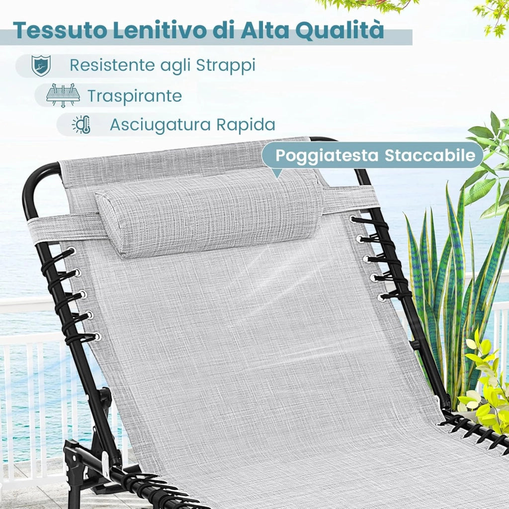 Lettino Prendisole da Giardino, Sedia a Sdraio Pieghevole con Schienale Regolabile, Cuscino Staccabile, Tasca, Portata 200 kg, 168-188 x 69 x 41-86 cm (Grigio)