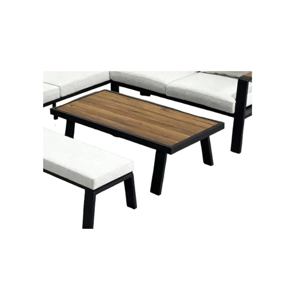 Salon da giardino angolare CALVARO 4 posti in alluminio nero con cuscini beige, panca e tavolino effetto legno
