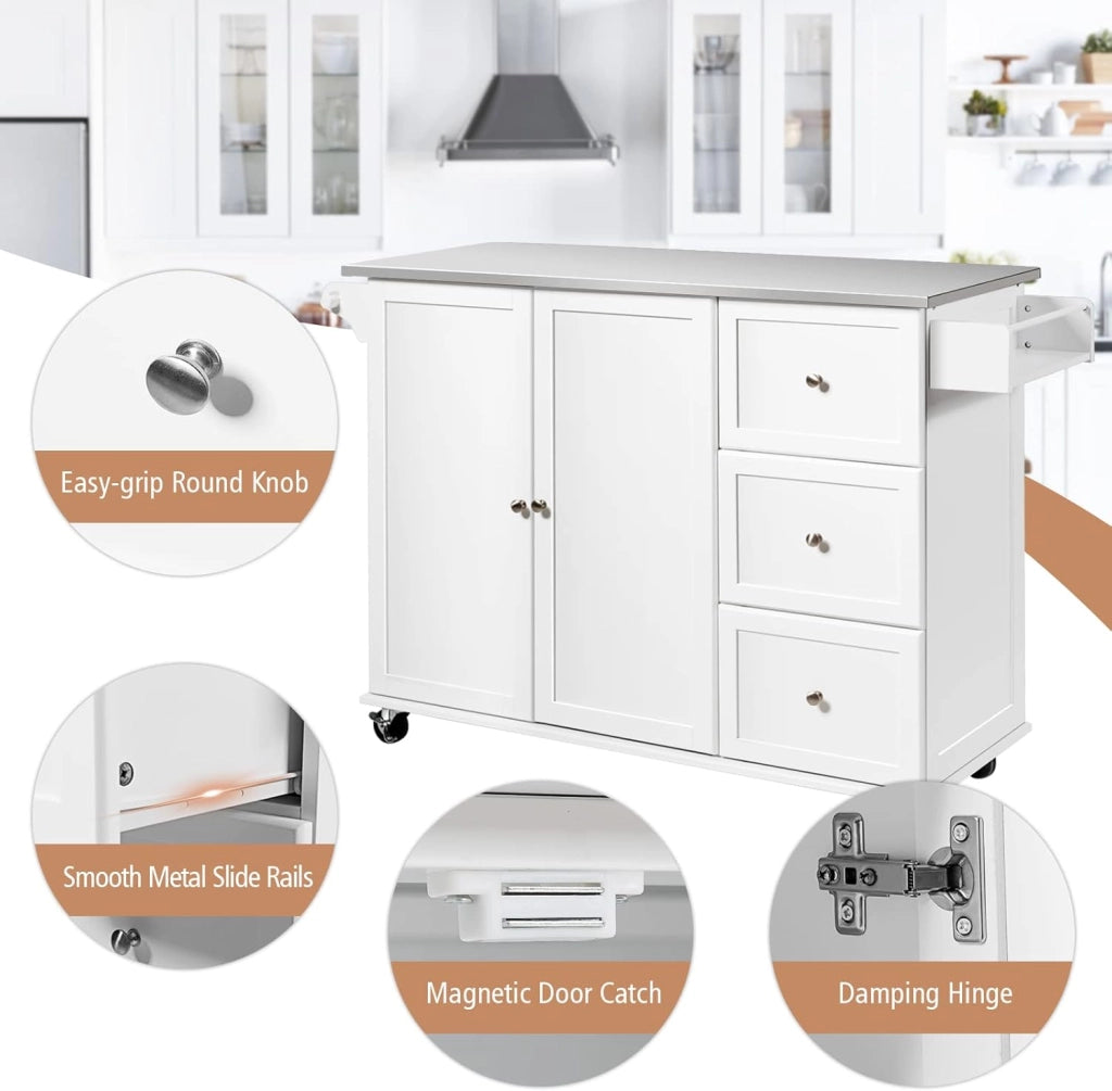 Carrello da cucina con piastra in acciaio inox, armadio da cucina con ruote, isola mobile con 3 cassetti e ripiani regolabili, carrello da servizio, carrello da cucina, carrello da cucina, 135