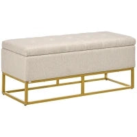 Panca con Contenitore in Poliestere Trapuntata con Gambe in Acciaio d'oro, 110x44x48cm, Beige