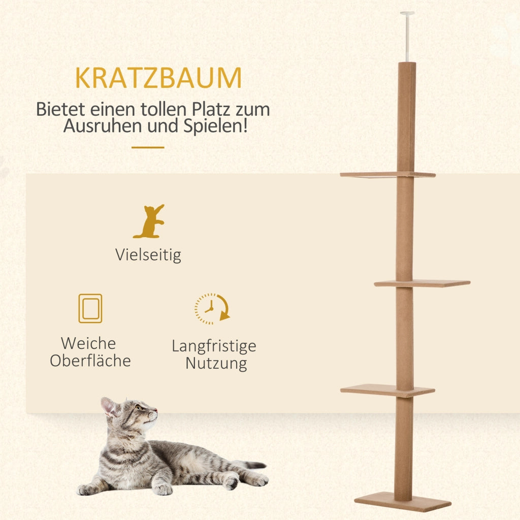 Tiragraffi regolabile in altezza, albero da arrampicata per gatti, albero gioco, marrone chiaro, 43x27x228-260 cm, per gioco attivo e relax