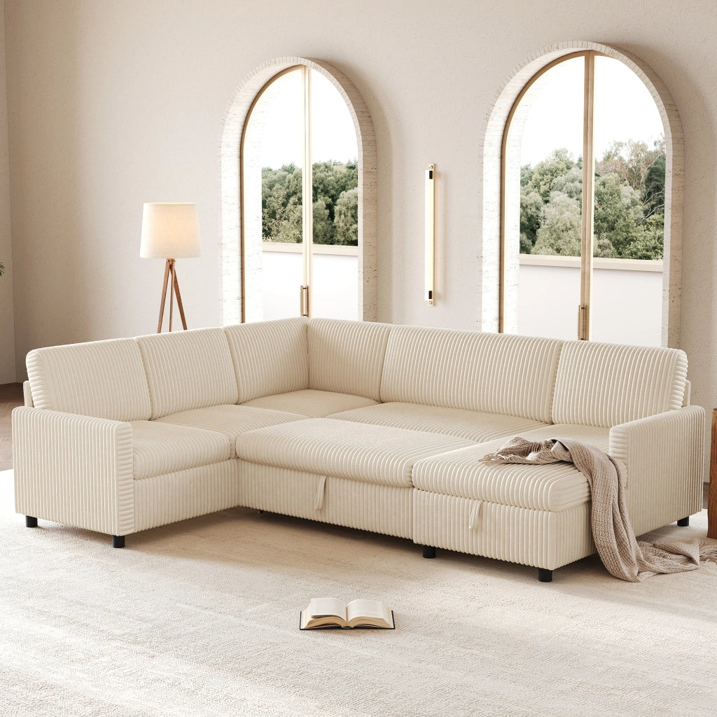 Divano panoramico a U convertibile con funzione letto e contenitore, in velluto a coste Beige
