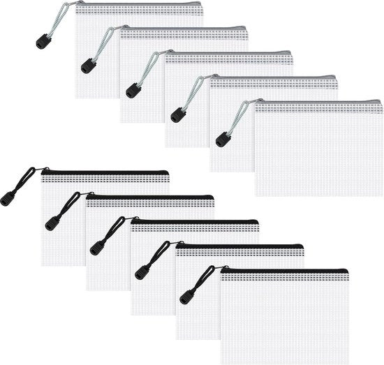 Documenti in tas con chiusura a cerniera - formato A6 - tas per documenti impermeabili a rete per ricevute e carta - 10 pezzi - nero/grigio
