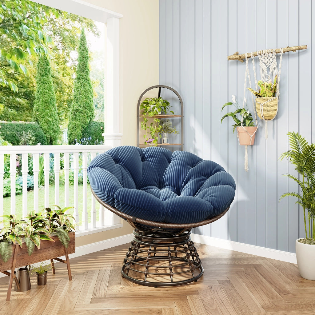 Poltrona Papasan Girevole 360 Gradi Design Ergonomico con Cuscino Imbottito Struttura in Acciaio Blu Navy 92 cm