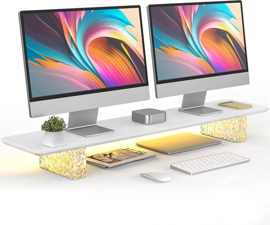 Supporto per due monitor in legno con striscia di luce LED - Piastra di lavoro per desktop 108cm - PC Laptop Fax Stampante TV - Bianco