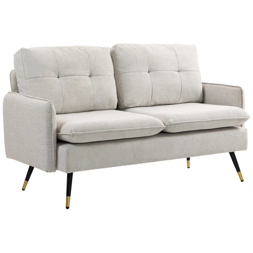 Divano 2 Posti in Tessuto Effetto Lino con Gambe in Acciaio e Cuscini Imbottiti. 139x68x80 cm. Bianco Crema