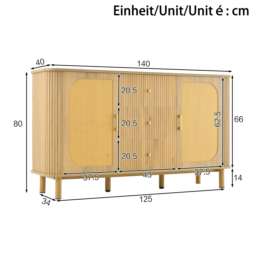 Credenza con 2 Ante in Rattan; 3 Cassetti e 2 Ripiani; Gambe in Metallo Effetto Legno; in MDF; 140??40??80 cm; Naturale