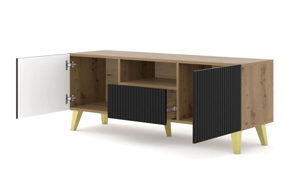 MOBILE RAVENNA PB PORTA TV IN MDF RIVESTITO IN FOGLIO 150 2D1S ROVERE ARTIGIANALE NERO OPACO GAMBE DORATE