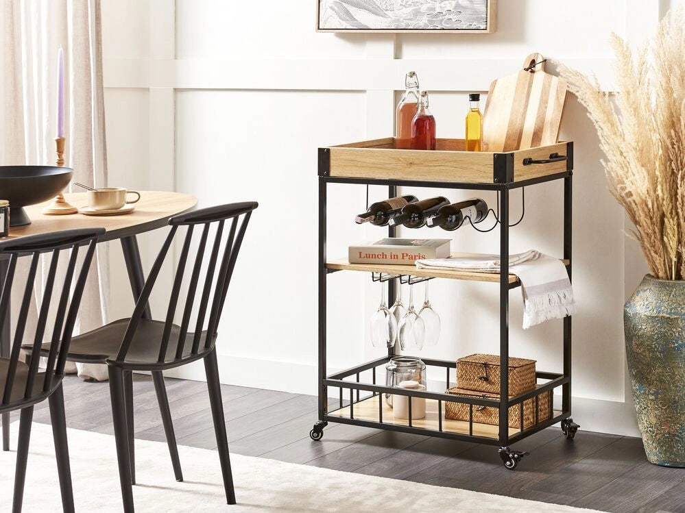 Carrello da cucina a 3 ripiani con portabottiglie legno chiaro e nero moderno sala da pranzo