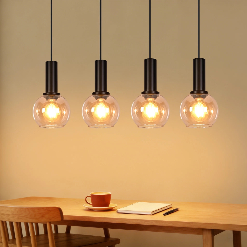 ZMH Lampada a Sospensione 4 Luci Vetro Vintage Altezza Regolabile E27 per Sala da Pranzo Soggiorno Senza Lampadina